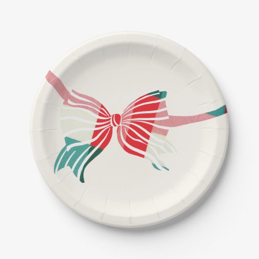 クリスマスグリーンと赤の格子縞が弓の休日で結ばれる ペーパープレート (正面)