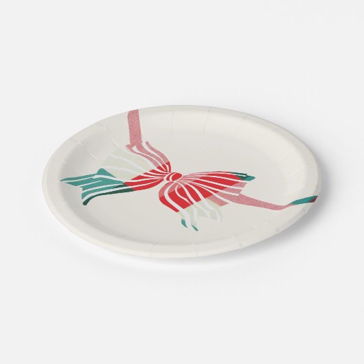 クリスマスグリーンと赤の格子縞が弓の休日で結ばれる ペーパープレート (アングル)