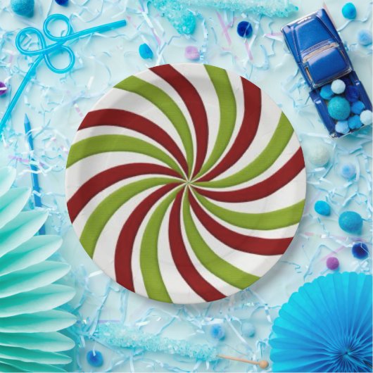 クリスマスグリーンと赤ペパーミントキャンディ ペーパープレート (パーティー)