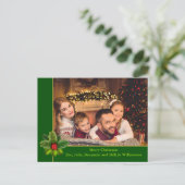 クリスマスグリーンと金ゴールドフレームとホリー写真 ポストカード (スタンド正面)