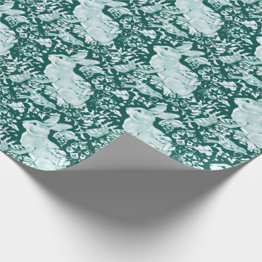 クリスマスグリーンのバニーラビットウッドランドパターン ラッピングペーパー (角)