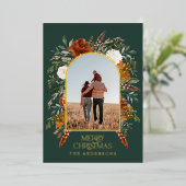 クリスマスグリーンのフローラアーチ写真の素朴エレガントな 箔シーズンカード (立ち正面)