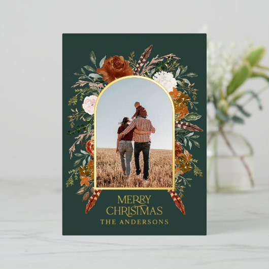 クリスマスグリーンのフローラアーチ写真の素朴エレガントな 箔シーズンカード (立ち正面)
