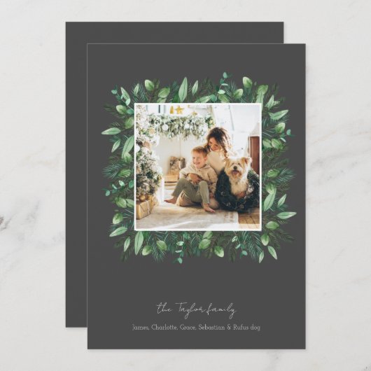 クリスマスグリーンの冬の葉のフォトフレーム シーズンカード (正面/裏面)