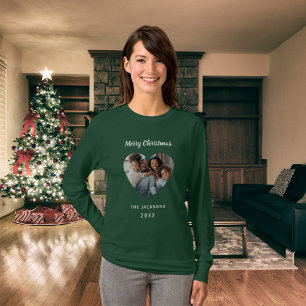 クリスマスグリーンの家族の写真ハート名mother tシャツ