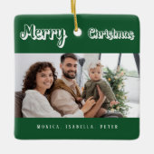 クリスマスグリーンの家族の写真モダン名 セラミックオーナメント (正面)