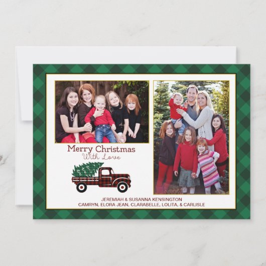 クリスマスグリーンの格子模様ツリー赤トラックの休日の写真 シーズンカード (正面)