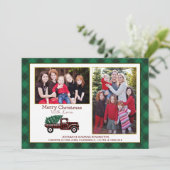 クリスマスグリーンの格子模様ツリー赤トラックの休日の写真 シーズンカード (スタンド正面)