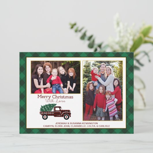 クリスマスグリーンの格子模様ツリー赤トラックの休日の写真 シーズンカード (スタンド正面)