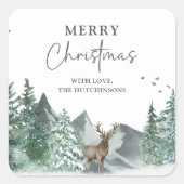 クリスマスグリーンの水彩松林のホリデーシーズン スクエアシール (正面)