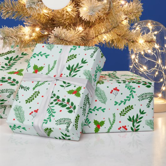 クリスマスグリーンの花の果実グリーンクリスマス ラッピングペーパー (クリスマス)