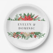 クリスマスグリーンの葉の結婚休日 ペーパープレート (正面)