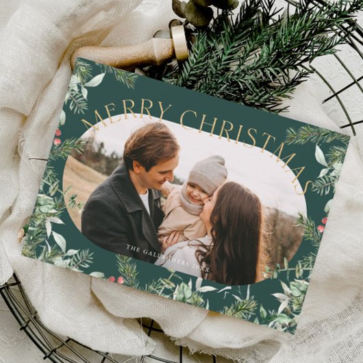 クリスマスグリーンの葉の金ゴールドグリッター写真 シーズンカード