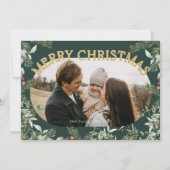 クリスマスグリーンの葉の金ゴールドグリッター写真 シーズンカード (正面)