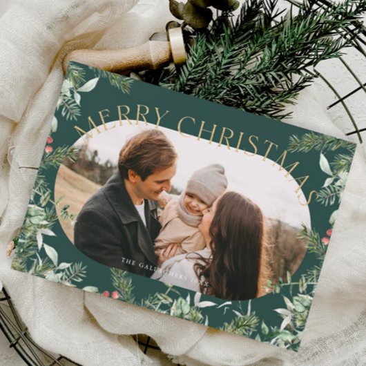 クリスマスグリーンの葉の金ゴールドグリッター写真 シーズンポストカード