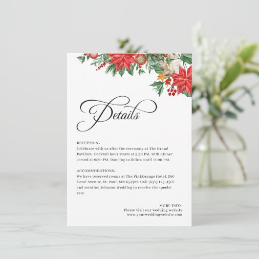 クリスマスグリーンの葉エレガントな結婚式の詳細 エンクロージャーカード (スタンド正面)