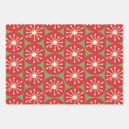 クリスマスグリーンの赤いクリームにアトミックエイジのレトロドット ラッピングペーパーシート