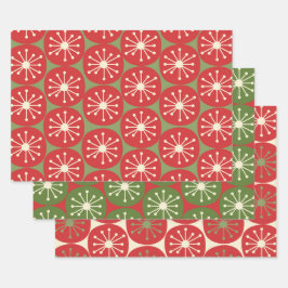 クリスマスグリーンの赤いクリームにアトミックエイジのレトロドット ラッピングペーパーシート
