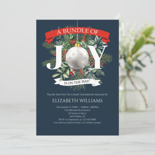 クリスマスグリーンの赤ちゃんシャワーのバンドル 招待状 (スタンド正面)