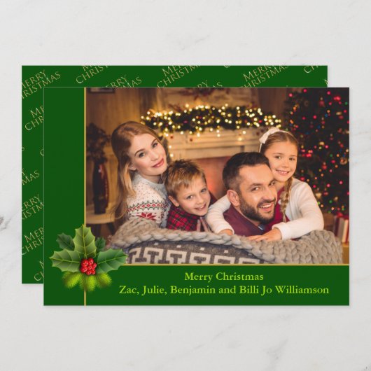 クリスマスグリーンの金のフレームにホリーポートレート シーズンカード (正面/裏面)