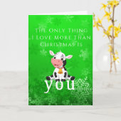 クリスマスグリーンの雪の結晶が降る幸せな赤ちゃん牛 カード (黄色い花)