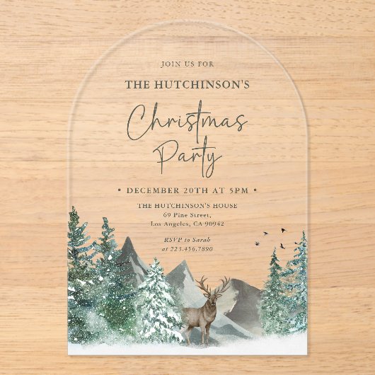 クリスマスグリーンウォーターカラーパインフォレストホリデー アクリル招待状 (正面)