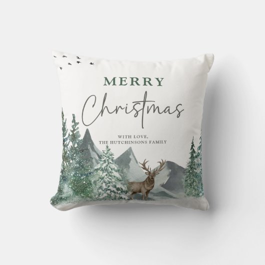 クリスマスグリーンウォーターカラーパインフォレストホリデー クッション (正面)