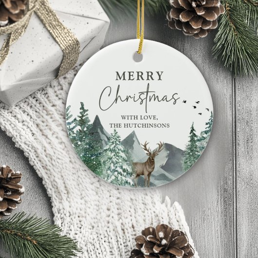 クリスマスグリーンウォーターカラーパインフォレストホリデー セラミックオーナメント
