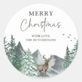 クリスマスグリーンウォーターカラーパインフォレストホリデー ラウンドシール (正面)