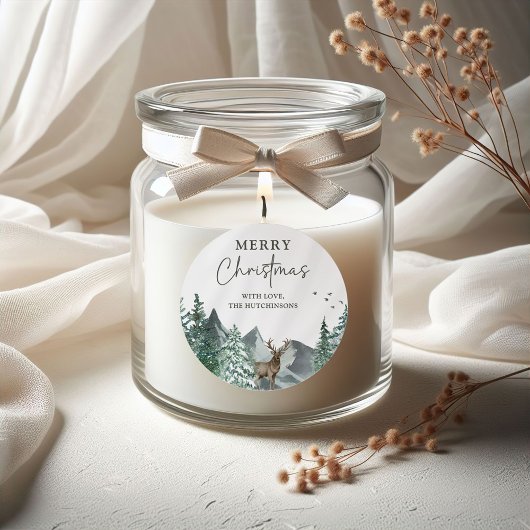 クリスマスグリーンウォーターカラーパインフォレストホリデー ラウンドシール