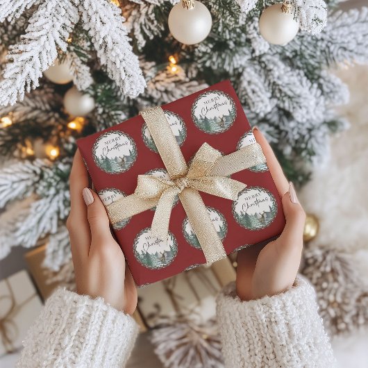 クリスマスグリーンウォーターカラーパインフォレストホリデー ラッピングペーパーシート