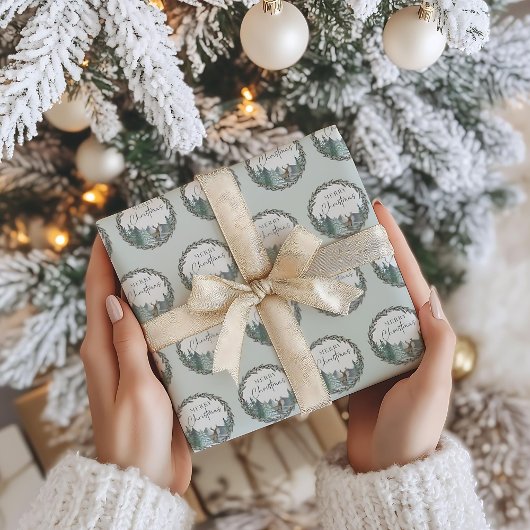 クリスマスグリーンウォーターカラーパインフォレストホリデー ラッピングペーパー