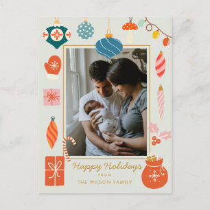 クリスマスグリーンオーナメントかわいい家族写真 シーズンポストカード