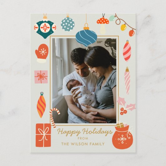 クリスマスグリーンオーナメントかわいい家族写真 シーズンポストカード (正面)