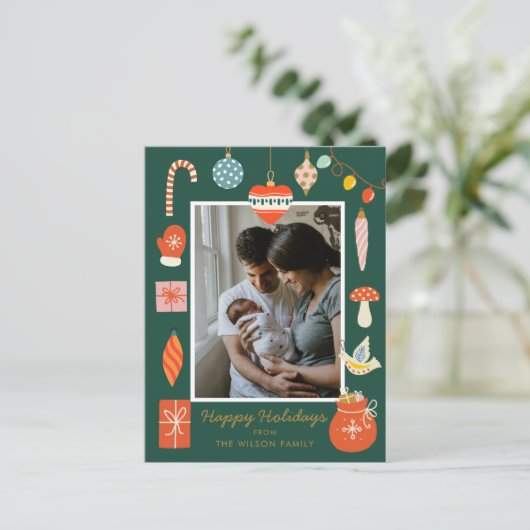 クリスマスグリーンオーナメントかわいい家族写真 シーズンポストカード (スタンド正面)