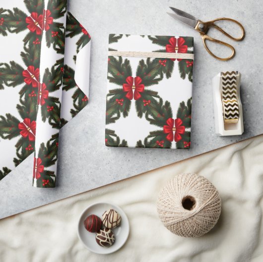 クリスマスグリーンガーランド赤い行金ゴールドアクセント ラッピングペーパー (クラフト)