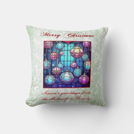 クリスマスグリーングリッターステンドグラスバウブル クッション (正面)