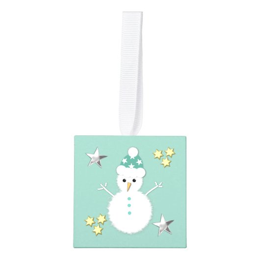 クリスマスグリーンサンストップタお願いここ雪だるま キューブオーナメント (正面)