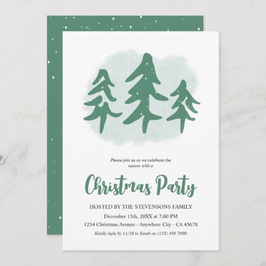 クリスマスグリーンツリーミニマリストホリデーパーティー 招待状 (正面/裏面)