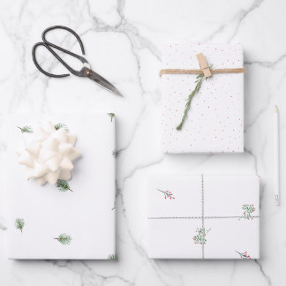 クリスマスグリーンパインレッドベリーパターン ラッピングペーパーシート