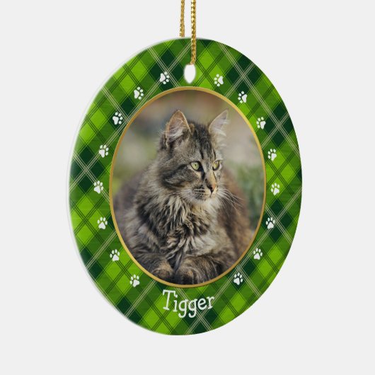 クリスマスグリーンプレイドキャットフォトフレーム&名前 セラミックオーナメント (右)