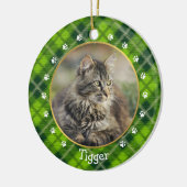 クリスマスグリーンプレイドキャットフォトフレーム&名前 セラミックオーナメント (左)