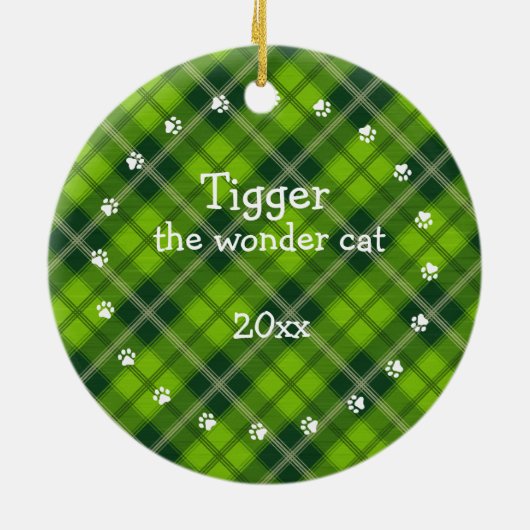 クリスマスグリーンプレイドキャットフォトフレーム&名前 セラミックオーナメント (裏面)