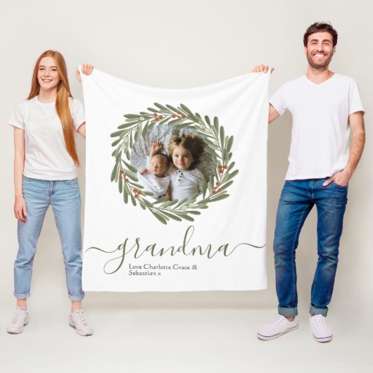 クリスマスグリーンベリーリース写真パーソナライズされた フリースブランケット (インサイチュ)