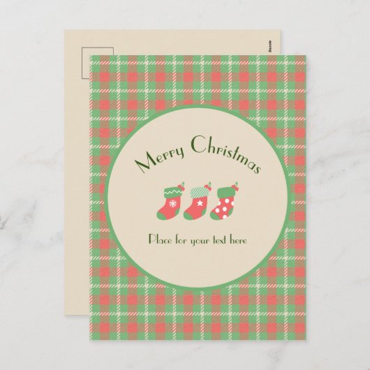 クリスマスグリーンベースのチェック柄 シーズンポストカード (正面/裏面)