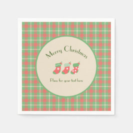 クリスマスグリーンベースのプレイド スタンダードカクテルナプキン