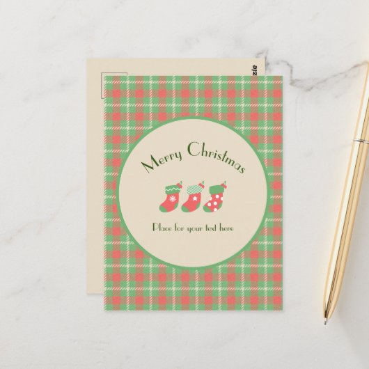 クリスマスグリーンベースのプレイド ポストカード (正面/裏面インサイチュ)