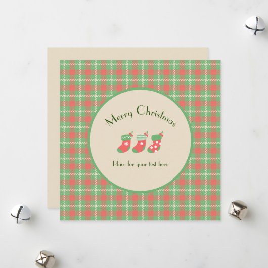 クリスマスグリーンベースプレイドフラットホリデーカード シーズンカード (正面/裏面インサイチュ)