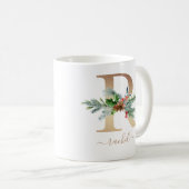 クリスマスグリーンホリーレッドベリー金ゴールドMonogram R コーヒーマグカップ (正面右)