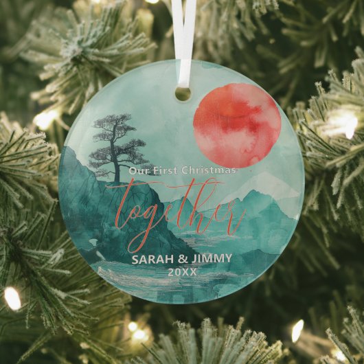 クリスマスグリーンマウンテンアドベンチャーアウトドアカップル ガラスオーナメント (インサイチュ)